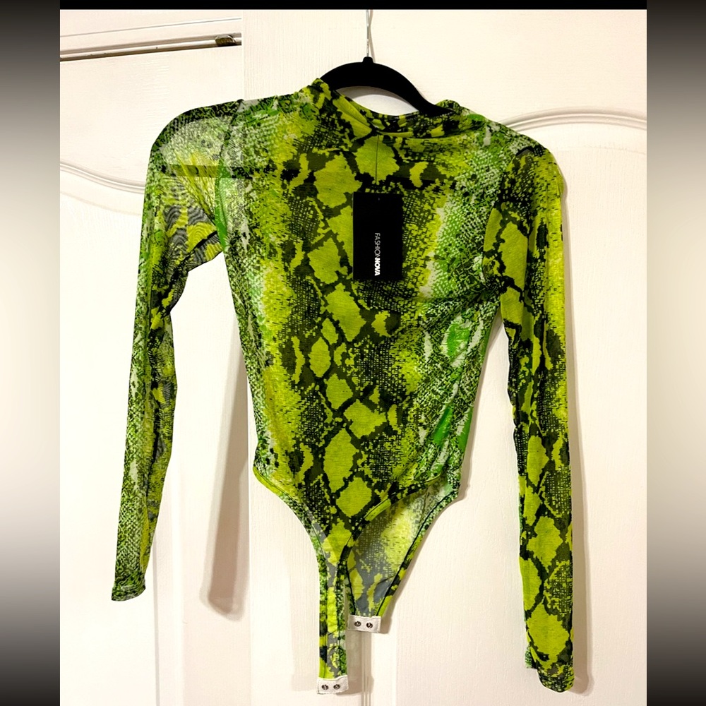FashionNova green snakeskin mesh bodysuit; size small